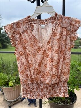 Joie Peach-Tone Floral Ruffle Sleeve Blouse